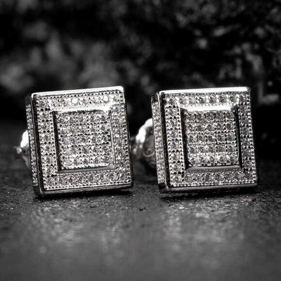 White Gold Plated Hip Hop Small Halo Screw Back Iced Cz Mens Square Earrings - Picture 1 of 5